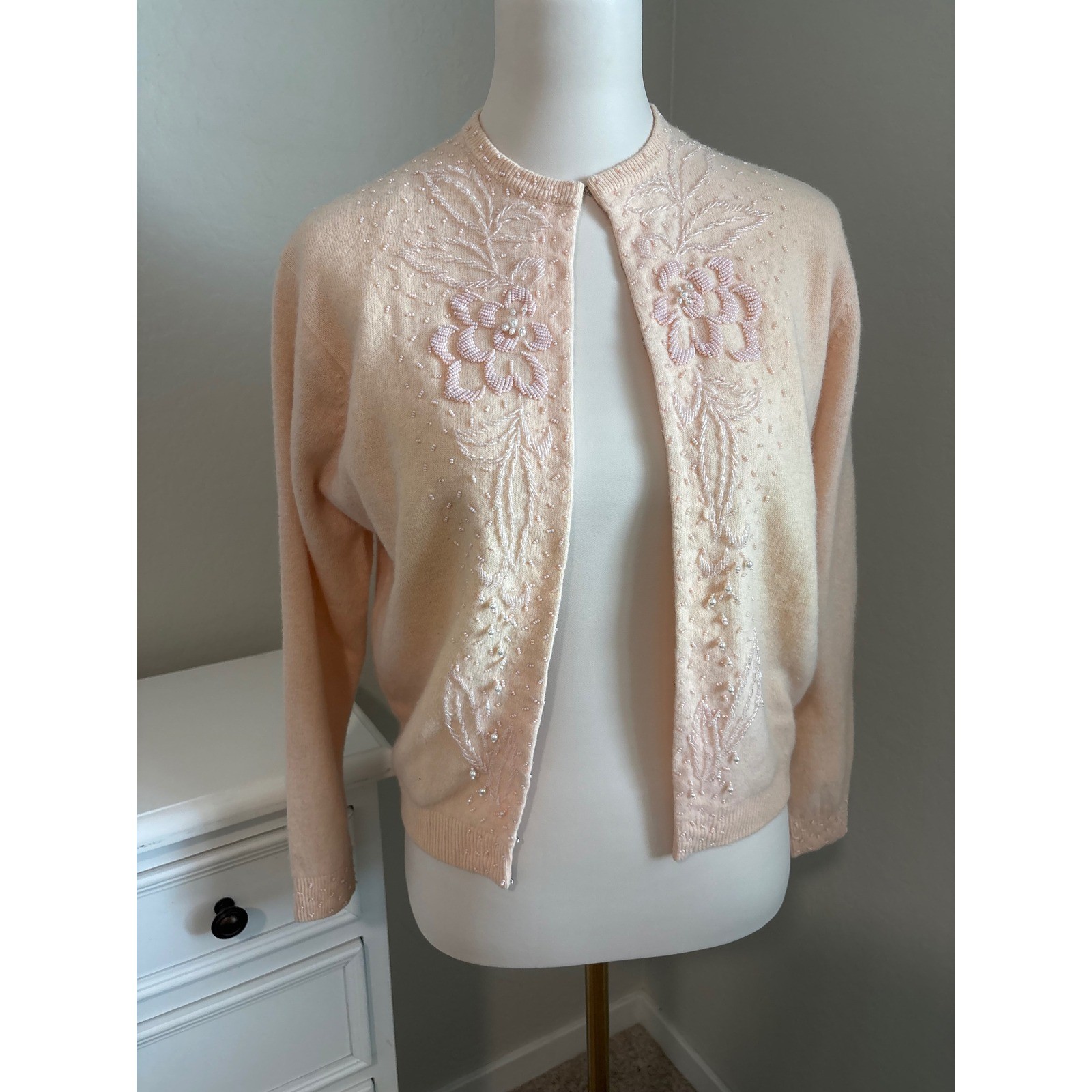 Vintage Robinsons Peach Lambswool/Angora Rabbit fur Beaded Cardigan Hong Kong