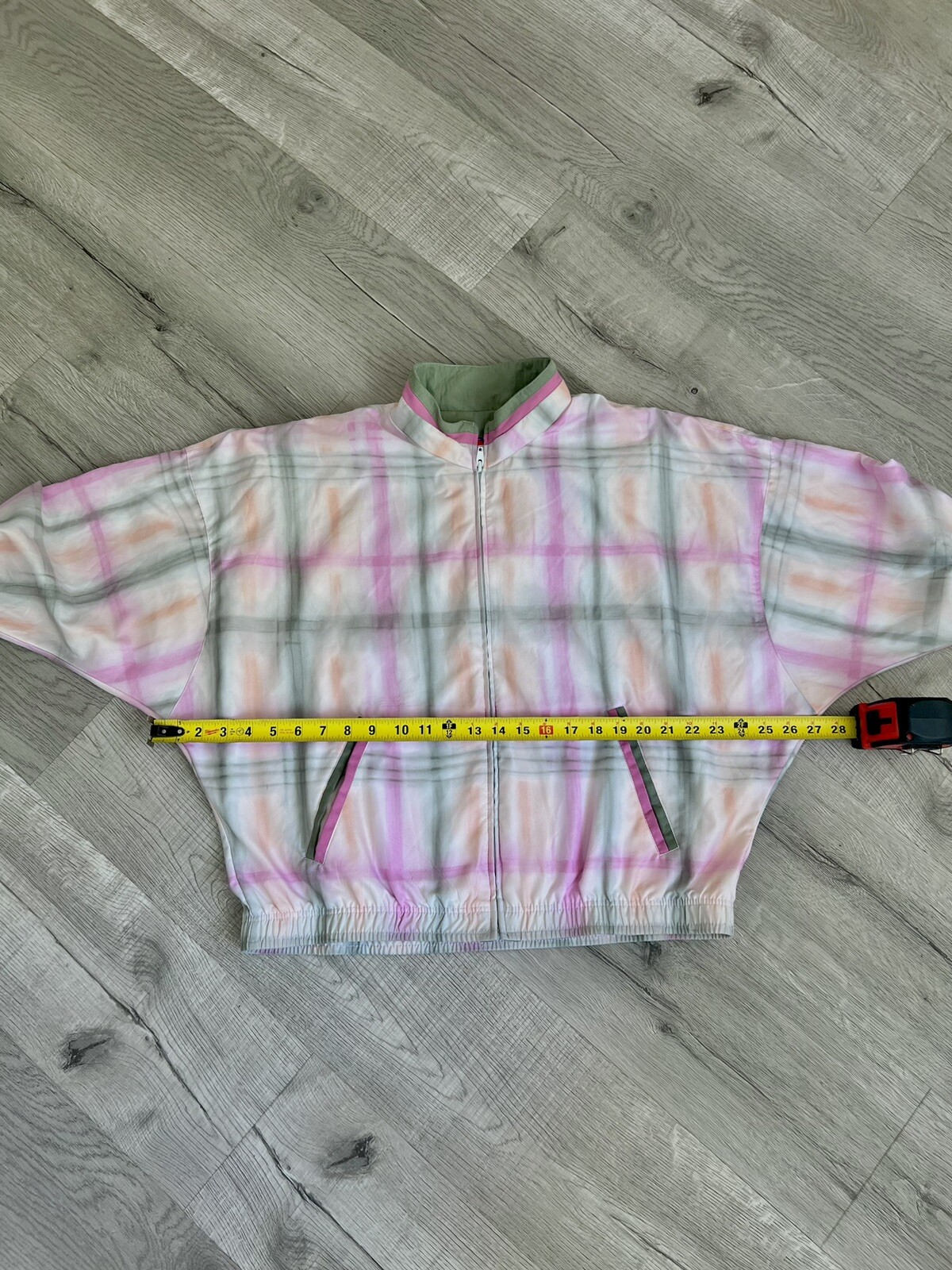 Vintage – TAIL Bomber Jacket-Green/Pink-White Plaid-size Medium