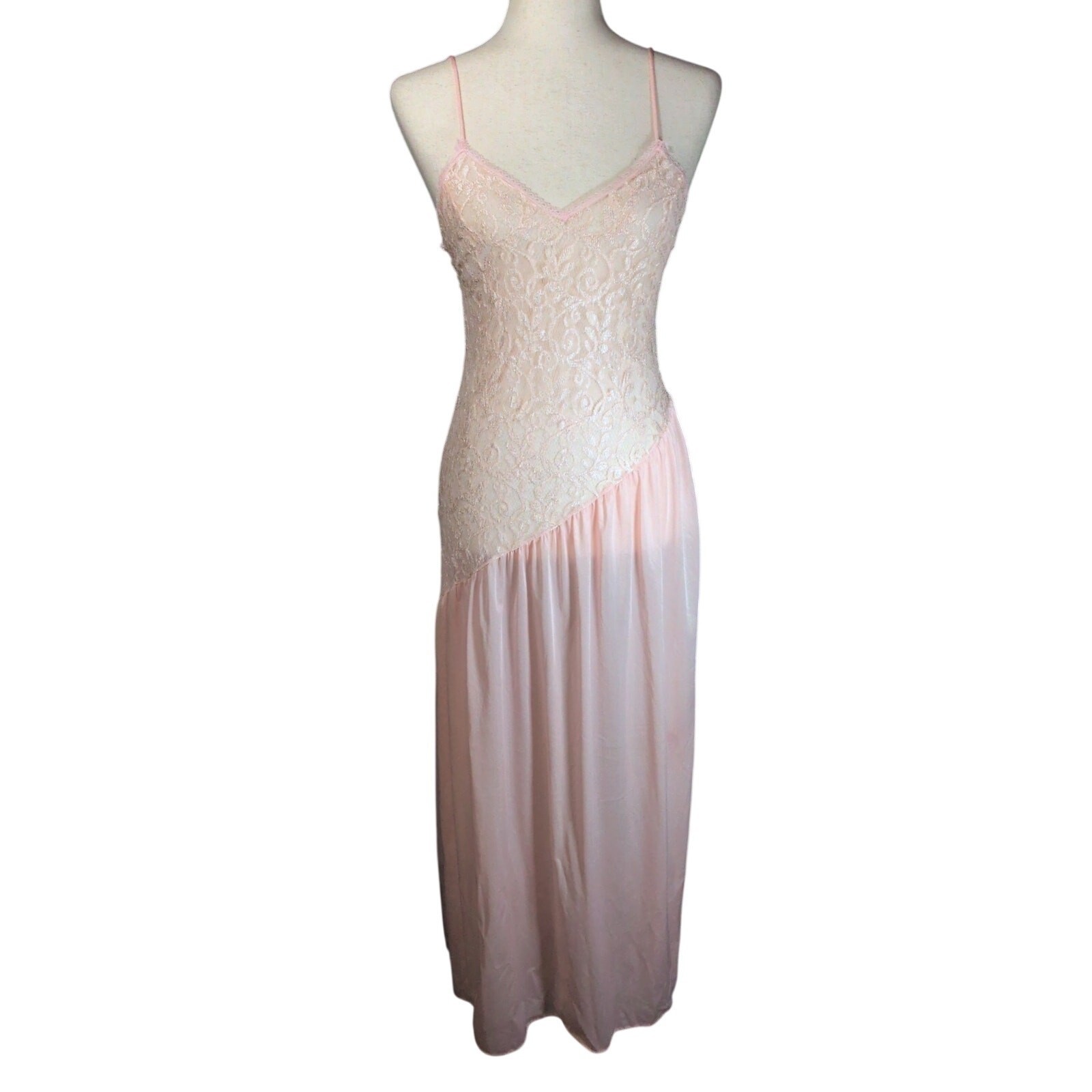 Vintage Undercover Wear Light Pink Asymmetrical Sheer Lace Nylon Nightgown Dress