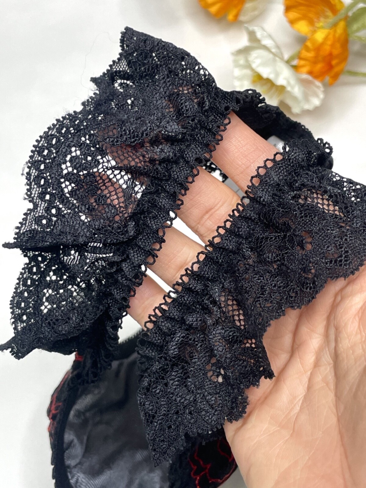 Vtg Deep Black Polyester Spandex String Panty Sz.5~6 Sheer Floral Lace Briefs