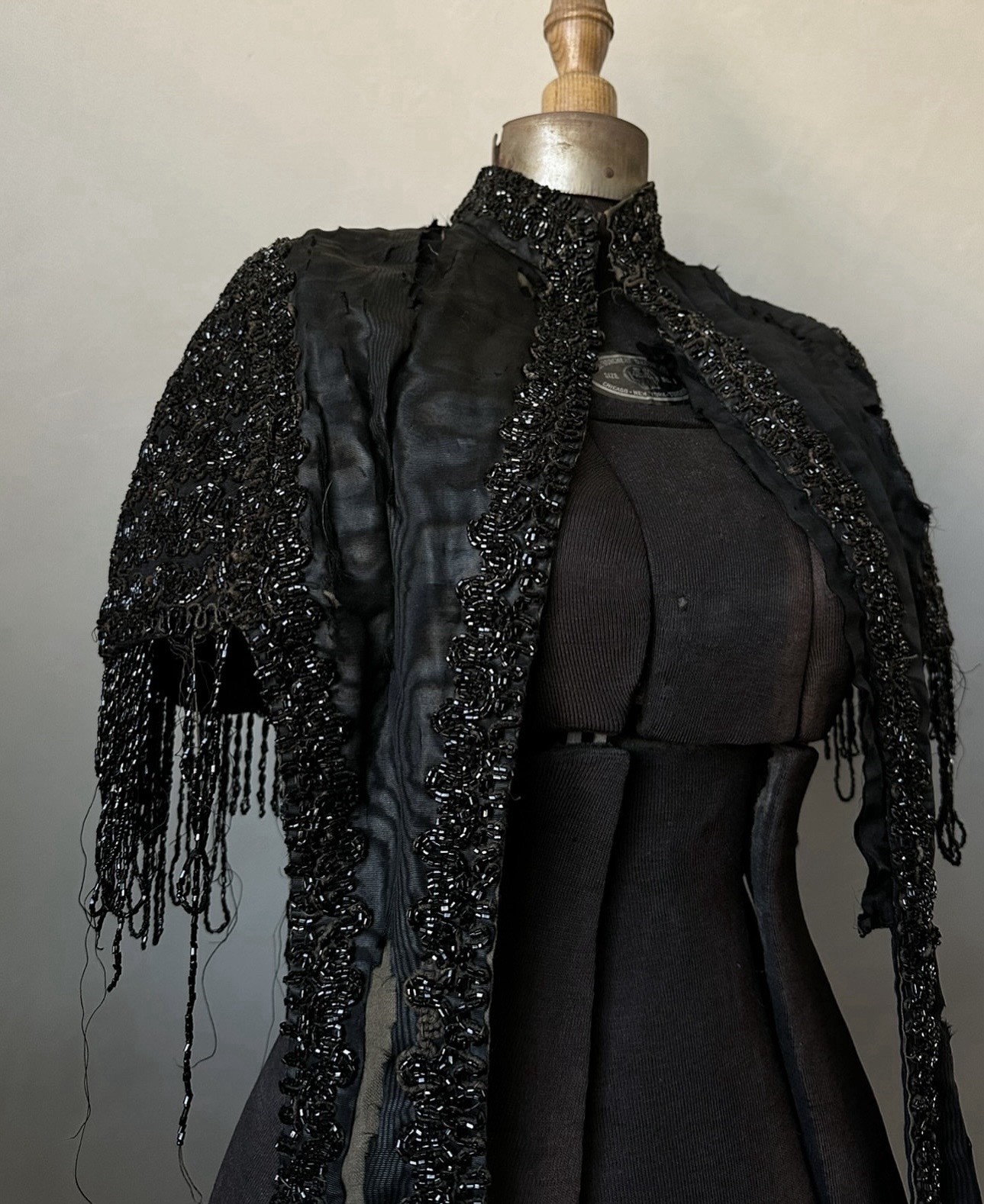 Victorian Antique Mourning Cape Jacket Black Jet Bead Moire Silk As Is