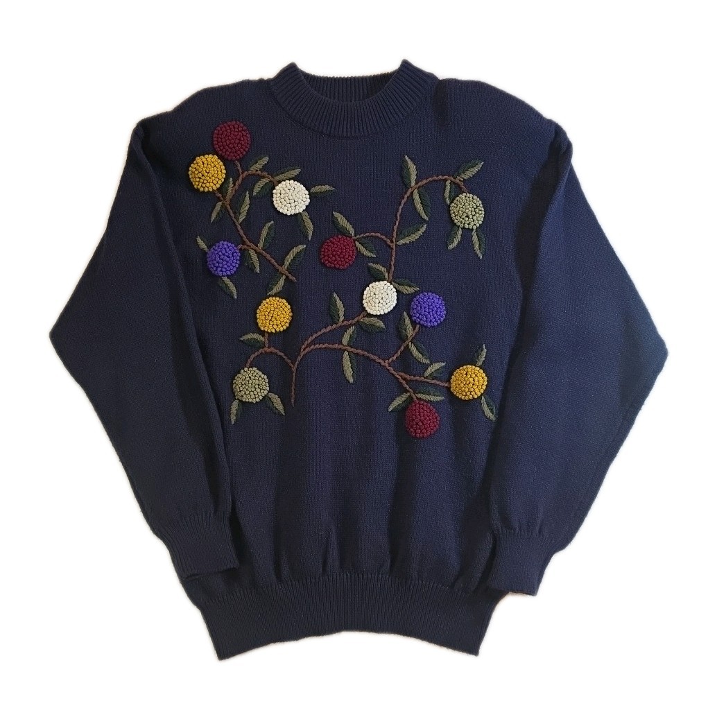 Vintage Navy Alfred Dunner Floral Knit Sweater – Size XL