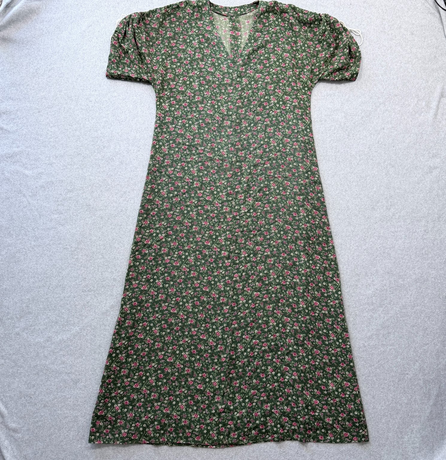 Vintage Homemade Green Pink Floral Dress Large V-Neck Drawstring Shoulders Long