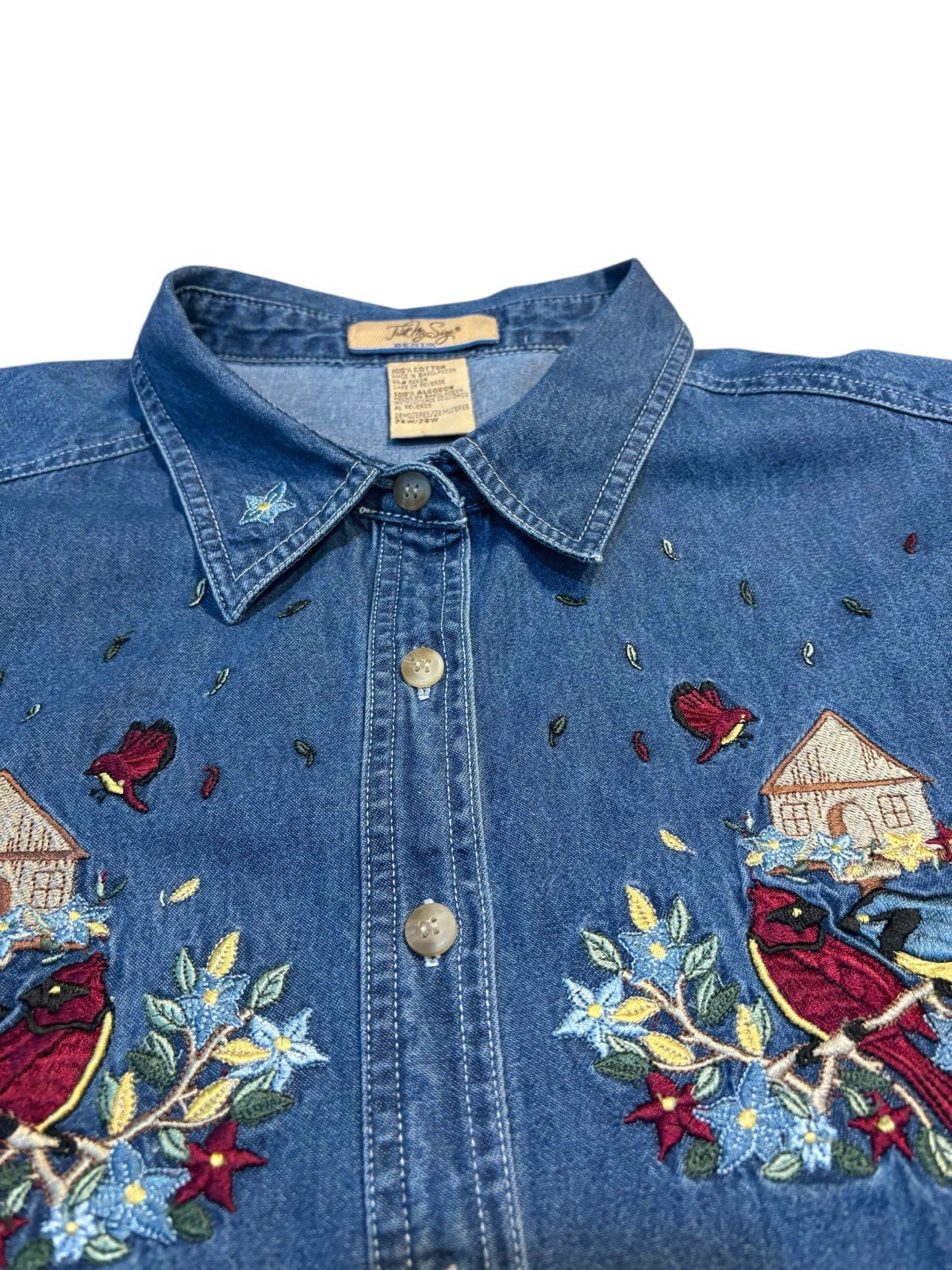 Vintage Just My Size 100% Cotton Denim Blouse 26W/28W Birds Flowers Cottagecore