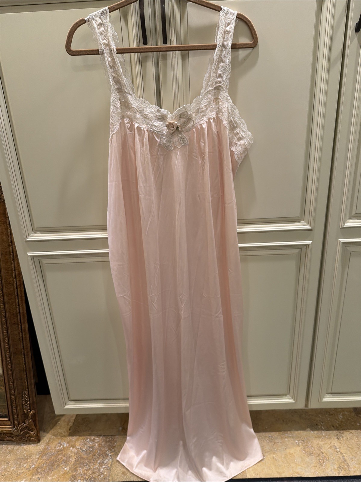 Lorraine Vintage Nightgown Pink Satin And Lace With Rosebud Size L