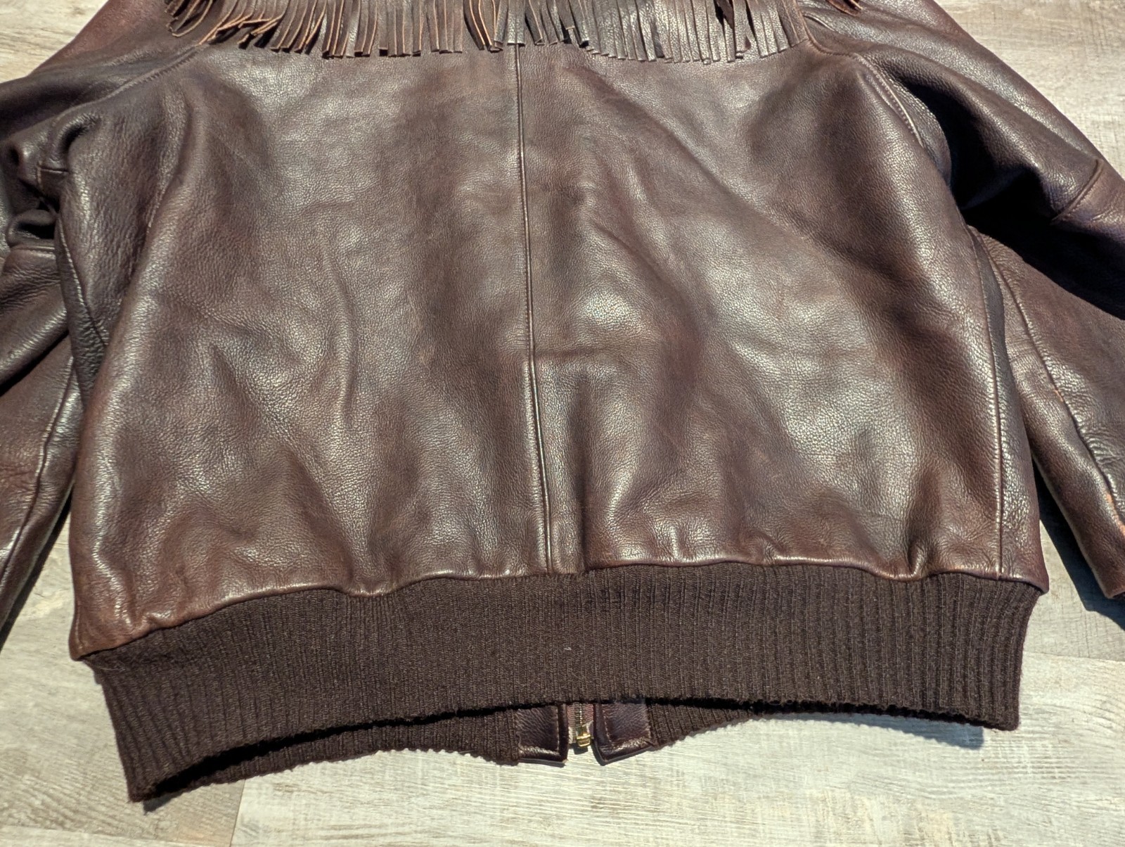 Vtg UBER Fringed Genuine Leather Bomber Jacket Minnesota USA XL 2XL Quilt Lined