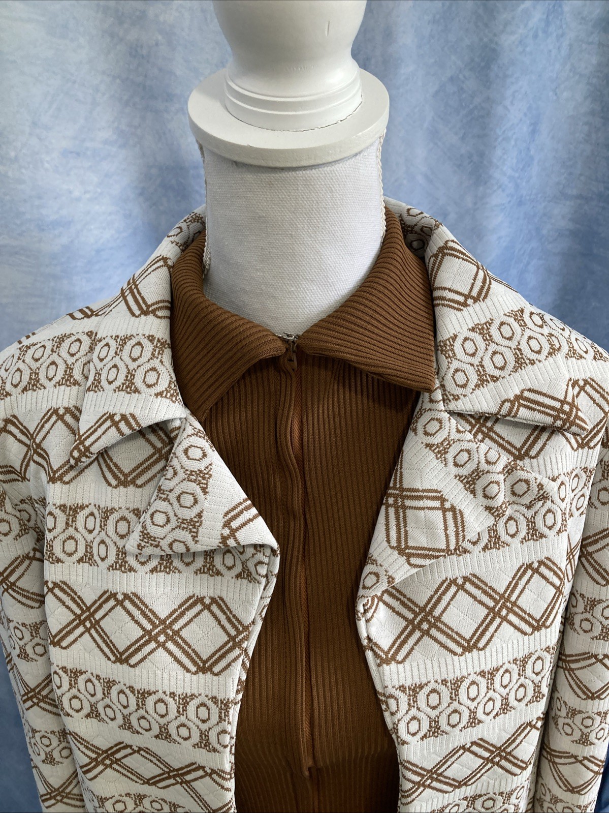 Vtg 70s Mod Geometric Dress & Jacket Set Brown Tan MCM Shift Suit Nemo Zip EUC