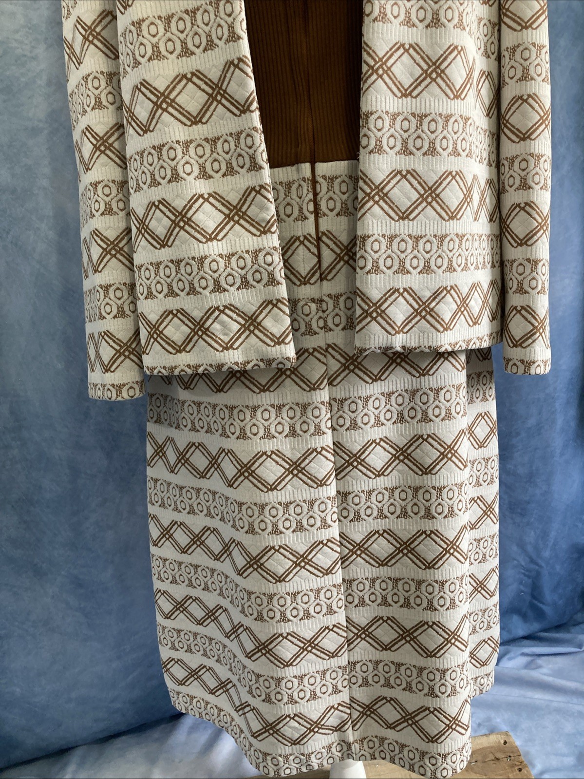 Vtg 70s Mod Geometric Dress & Jacket Set Brown Tan MCM Shift Suit Nemo Zip EUC