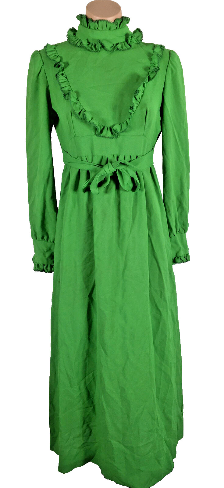 Vintage 70s ILGWU Peasant Kelly Green Maxi Dress Mock Neck Yolk Ruffle