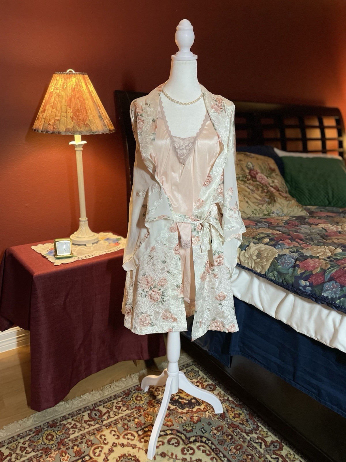 Vintage 80s Val Mode Floral Satin Robe Jacquard Cottagecore Pastel Pink Sz Large