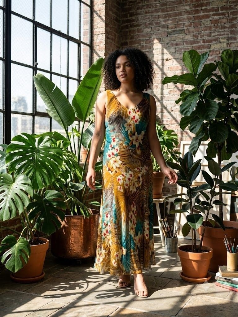 Vintage 100% Silk Tropical Floral Bias Cut Dress Y2K Boho Vacation Resort 16W