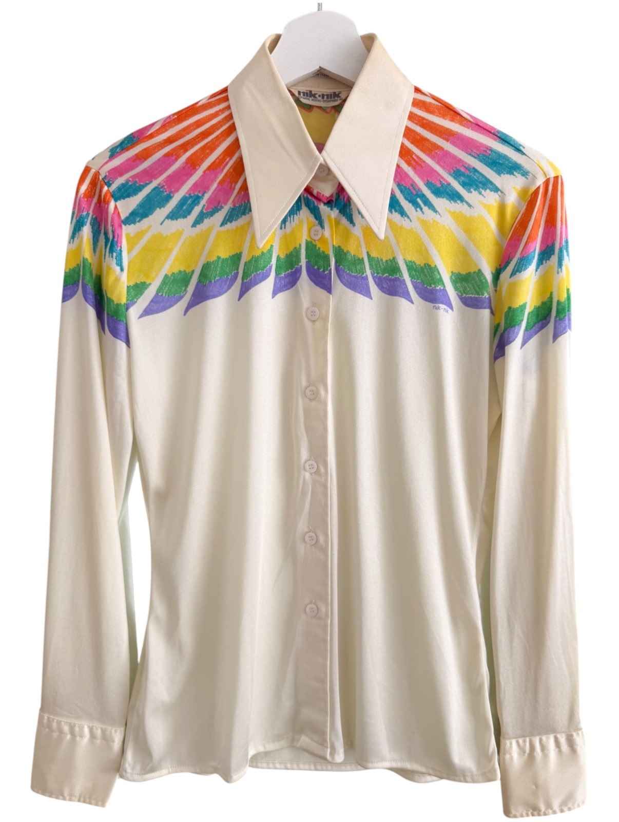 Vintage Nik Nik 70&rsquo;s Disco Shirt Sunburst Feather Print Nylon Italy 11/12 RARE