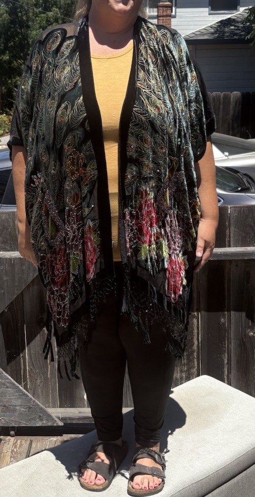 Kimono Duster Jacket Peacock Floral Velvet Beaded Burnout Coverup OS L/XL/1X/2X
