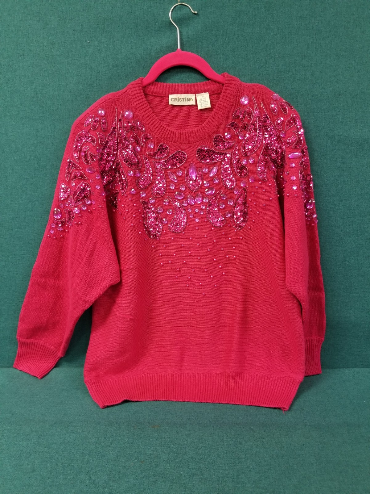 VTG 80s Glam Cristina Beaded Jewel Sequin Pink Knit Sweater Size Medium