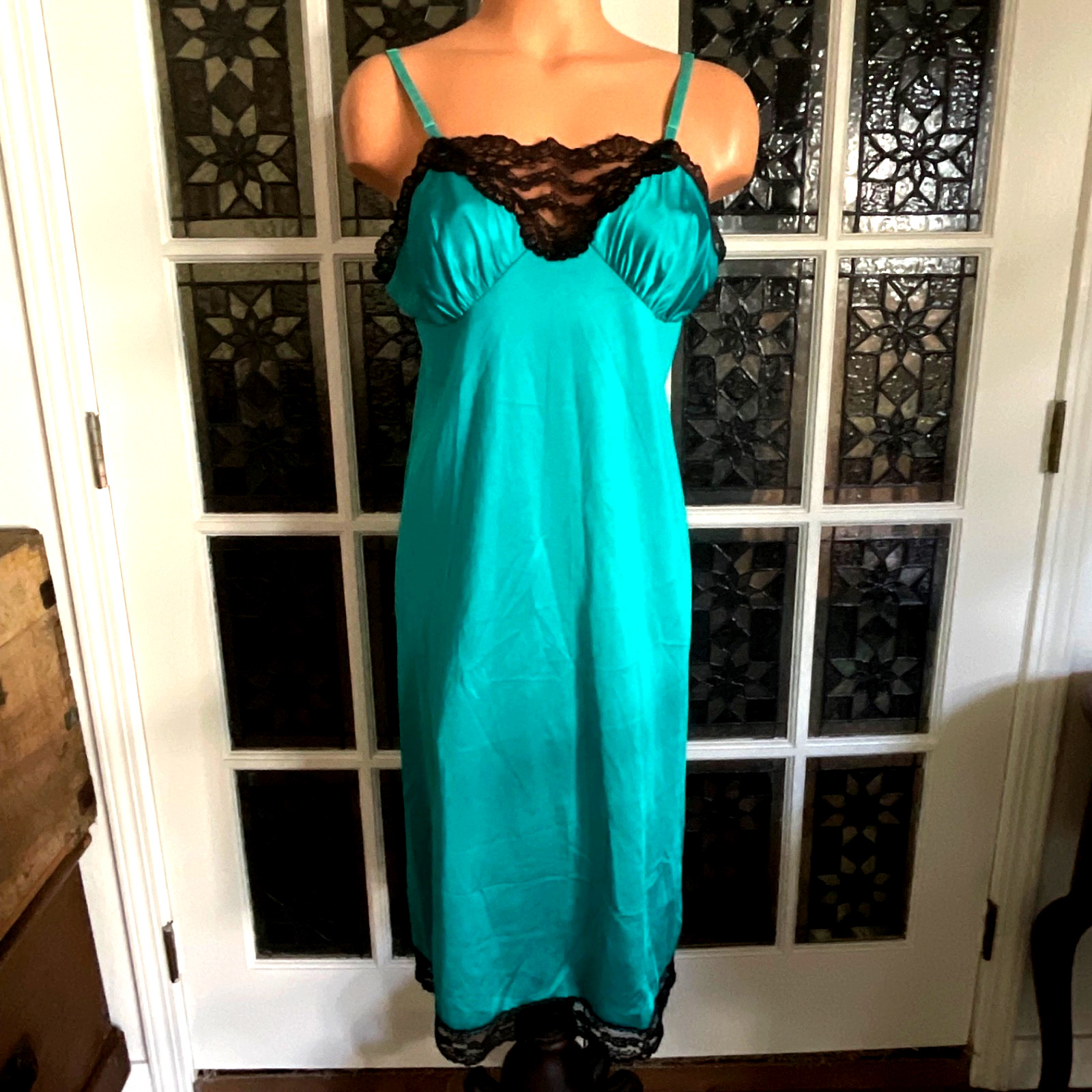 Vintage Silky Nightgown Teal Green Nylon Black Lace Trim Dress Slip Size 36/14