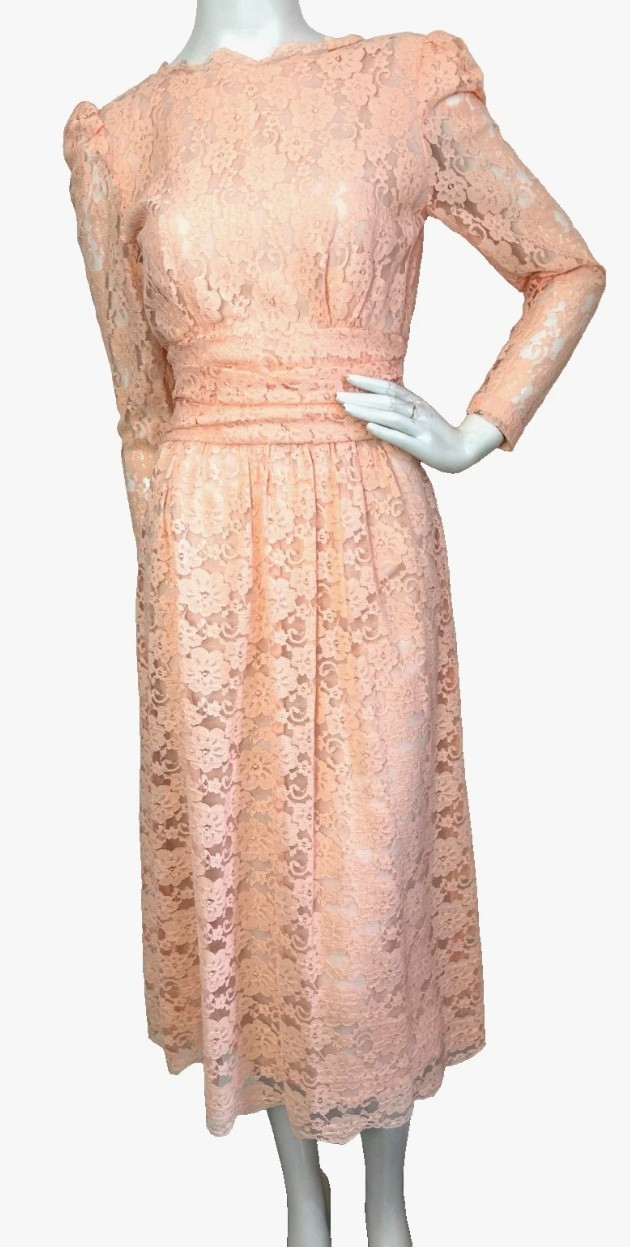 50s Lace Cocktail Dress Size XS Peach Open V-Back Long Sleeve Midi Vintage EUC