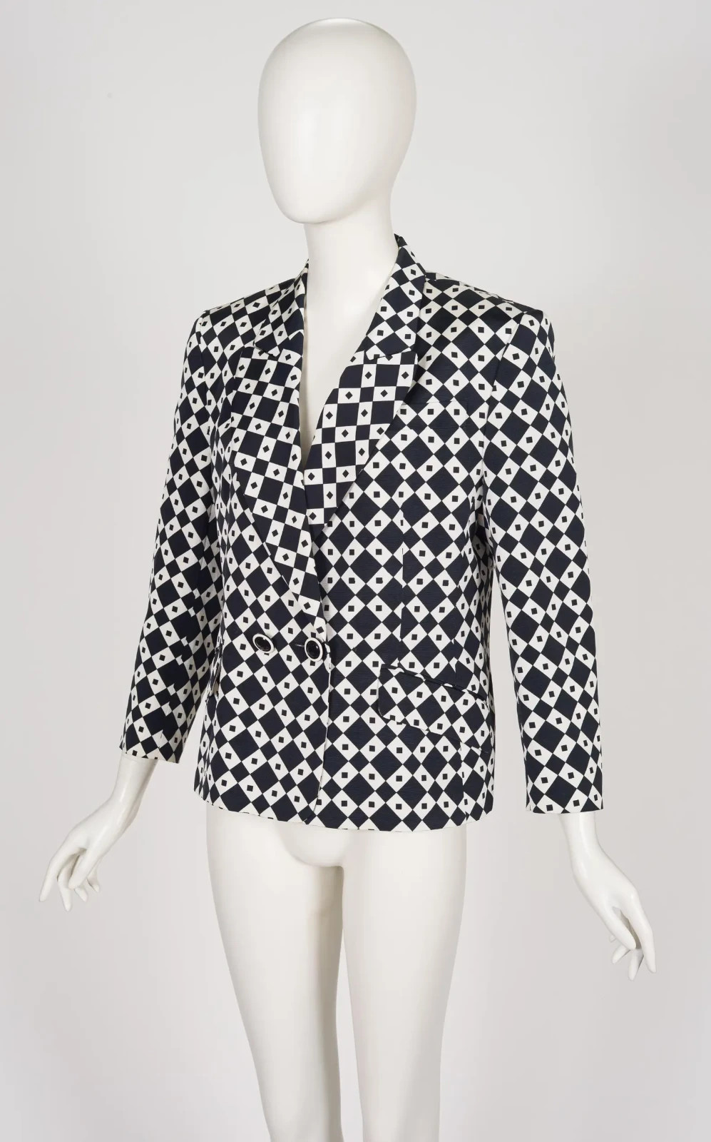 Antonette 1980s Black White Geometric Op-Art Print Faille Vintage Blazer Jacket