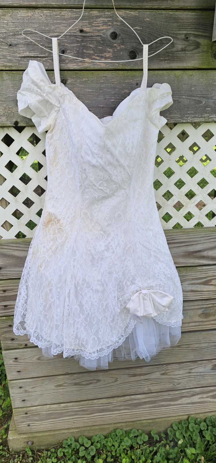 Vintage 80s 90s Mayvens of California White Lace Prom Dress Bow Tulle Size 0/2