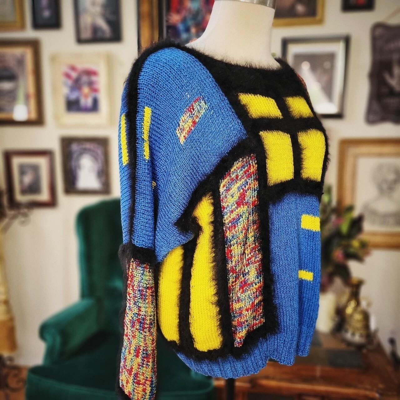 Colorblock Sweater Abstract Knit Vintage 90s Angora Fur Trim Blue Yellow M/L