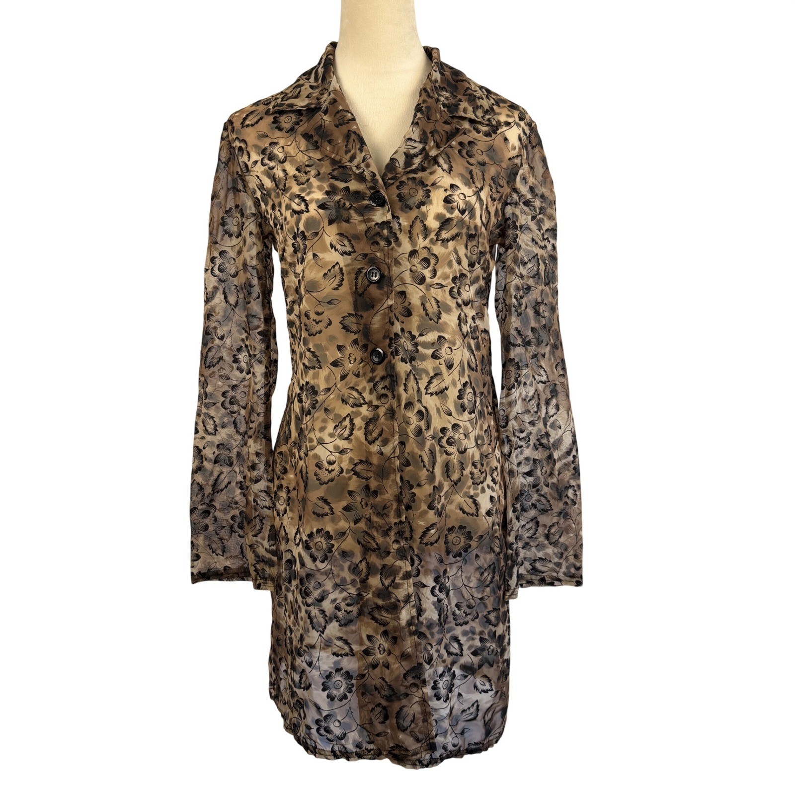 Vintage 90&rsquo;s Breakin Loose Sheer Floral Leopard Print Duster Brown Black 5/6