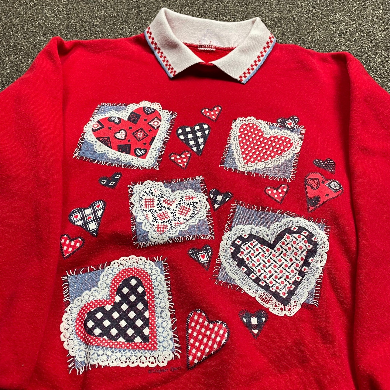 Vintage Red Heart Patchwork Sweatshirt White Polo Collar Valentine Cottage core