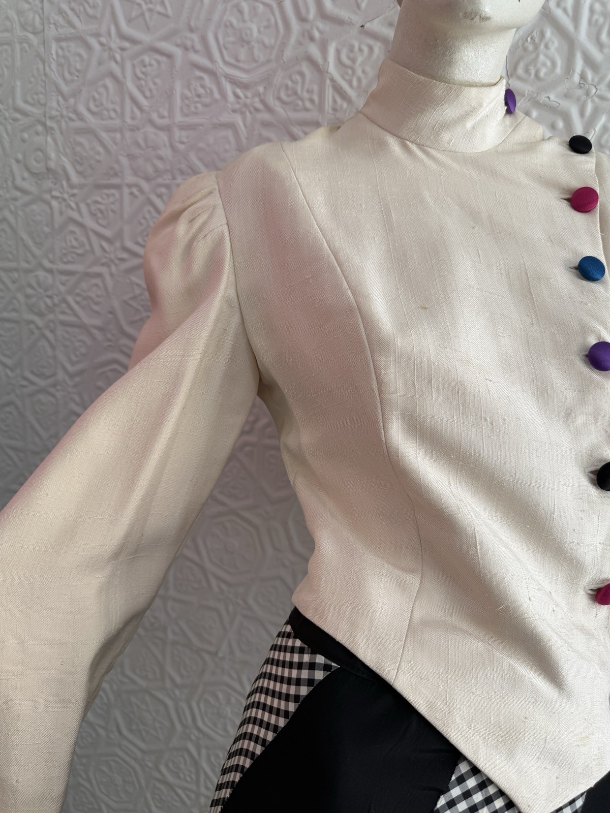 vintage 1980s silk jacket white rainbow designer cropped minimalist tailored S