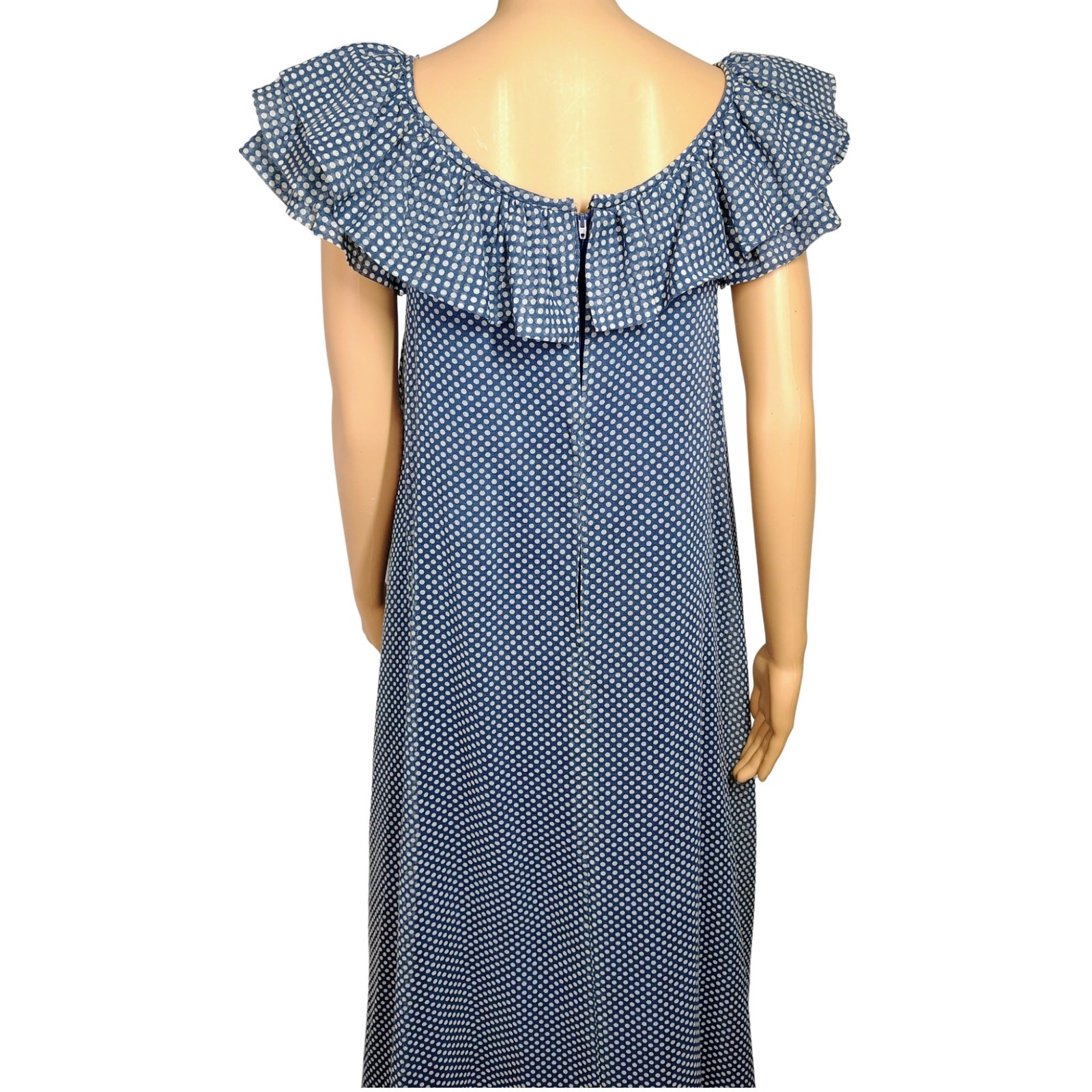 70s Joseph Magnin Blue Polka Dot Evening Gown Maxi Ruffled Neckline Dress Size 8