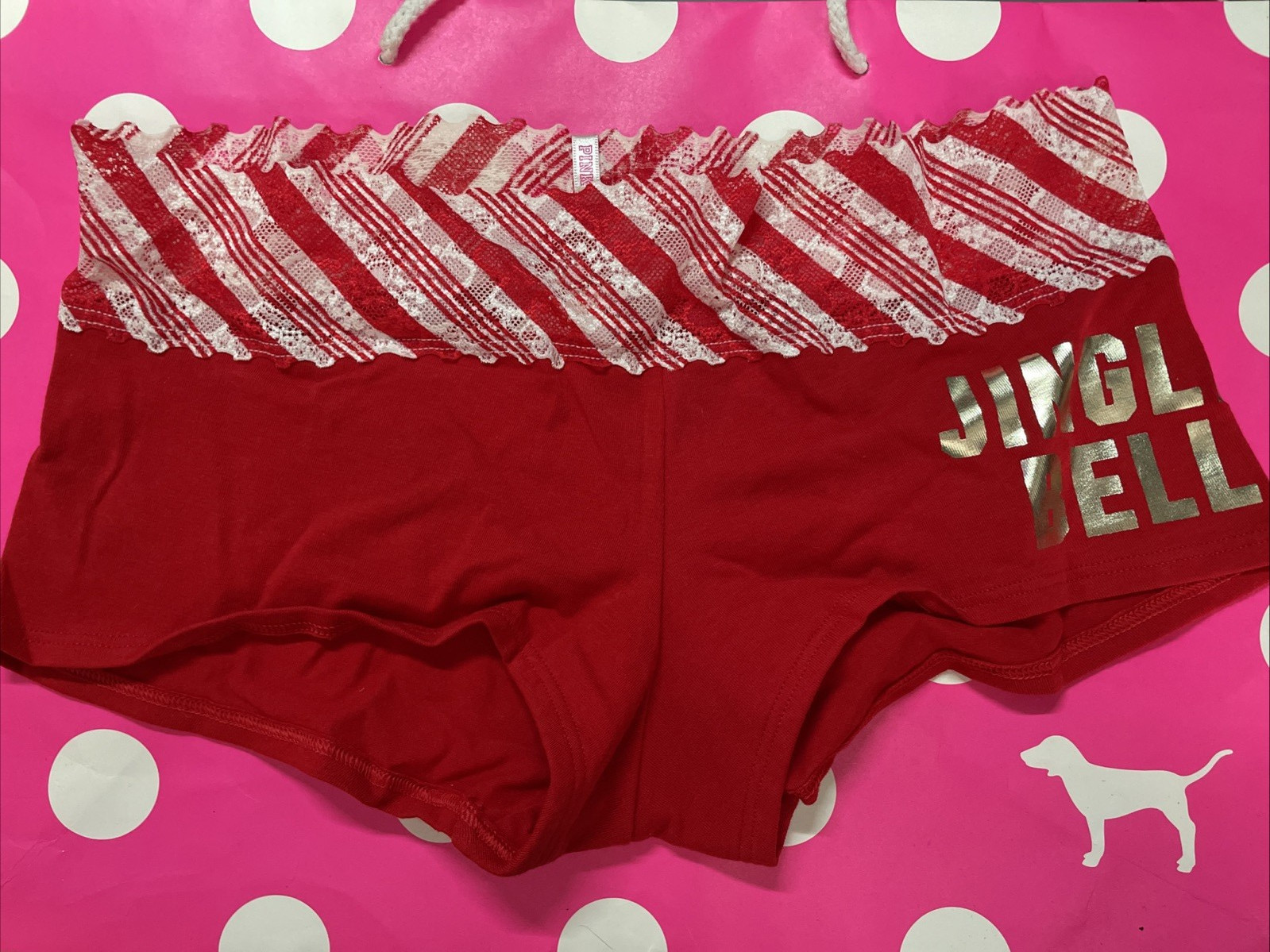 2015 Victoria Secret PINK Vintage Lace Waist Boyshort Panties M Jingle Bells Off