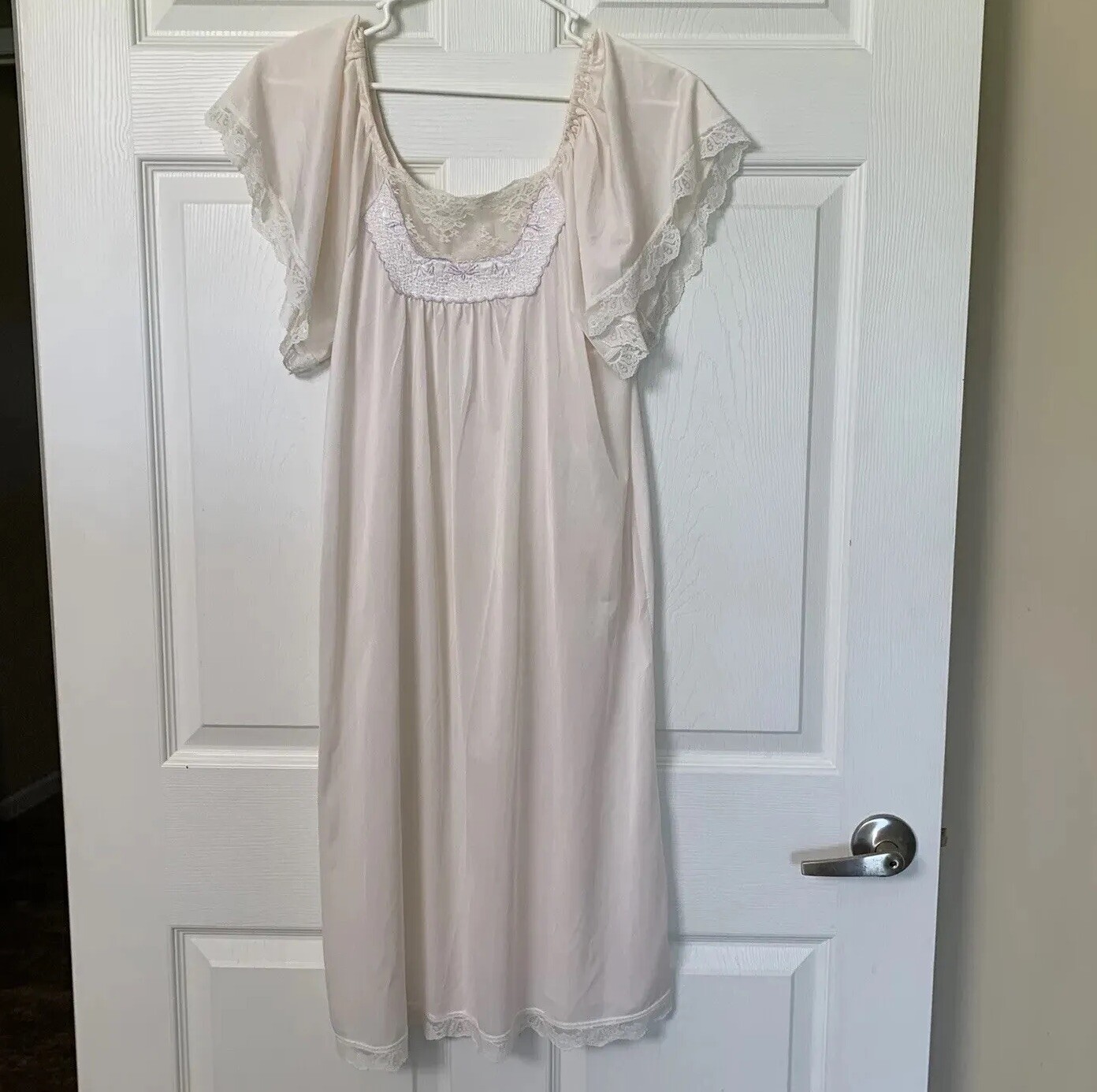 Vintage 1960’s Nightgown Off White Blush Medium Silky Lace Smocked Short Sleeve