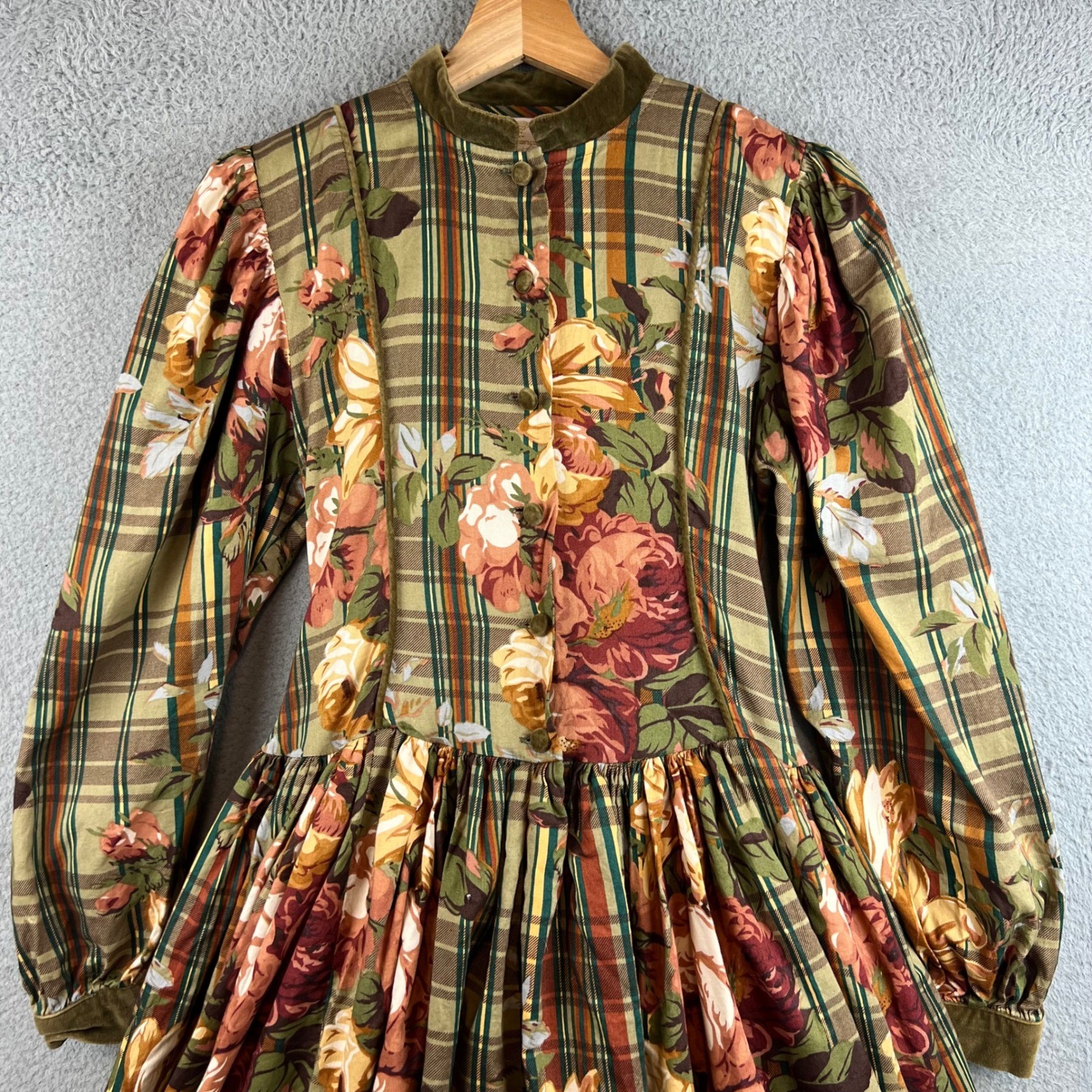VTG Françoise Bouthillier Floral Plaid Dress Green Velvet Trim Midi Victorian