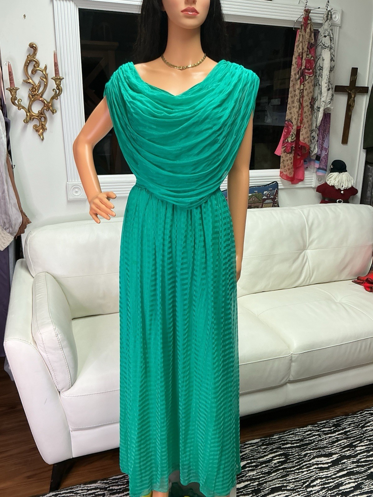 Vintage Handmade Green Chiffon Evening Gown Made In Germany