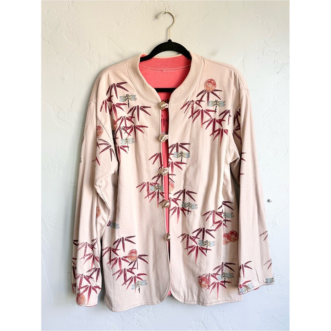 Vintage 90&rsquo;s Dragonfly Bamboo Print Reversible Jacket Artistic Cottagecore XL