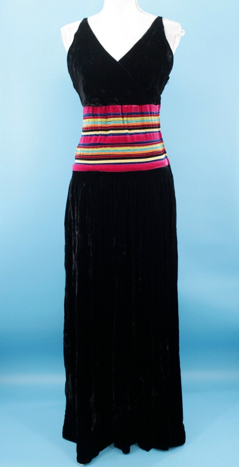 Vtg Womens 40s Black Velvet Maxi Dress W/ Rainbow Trim Waist S/M 1940s Long Gown