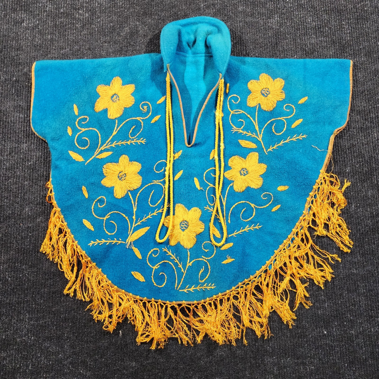 RARE Vintage 60s 70s Mexican Wool Poncho Cape Turquoise Floral Fringe Boho OS