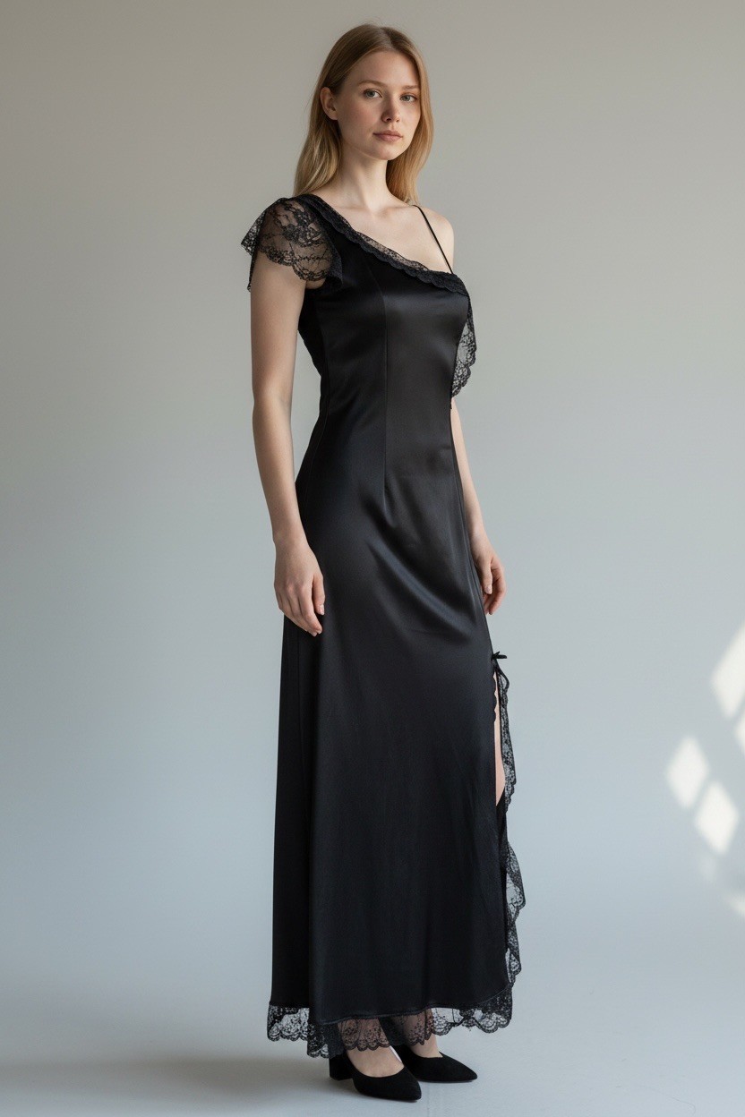 90s Dark Romantic Asymmetrical Black Negligee Slip Dress Nightgown | XS