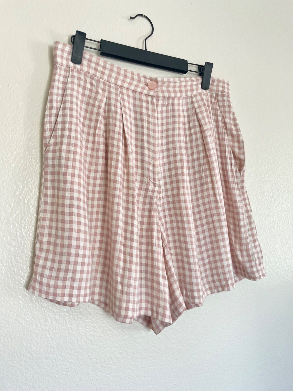 Vintage 90s Moda Intl Pink Gingham High Waist Pleated Shorts USA Made Sz 10