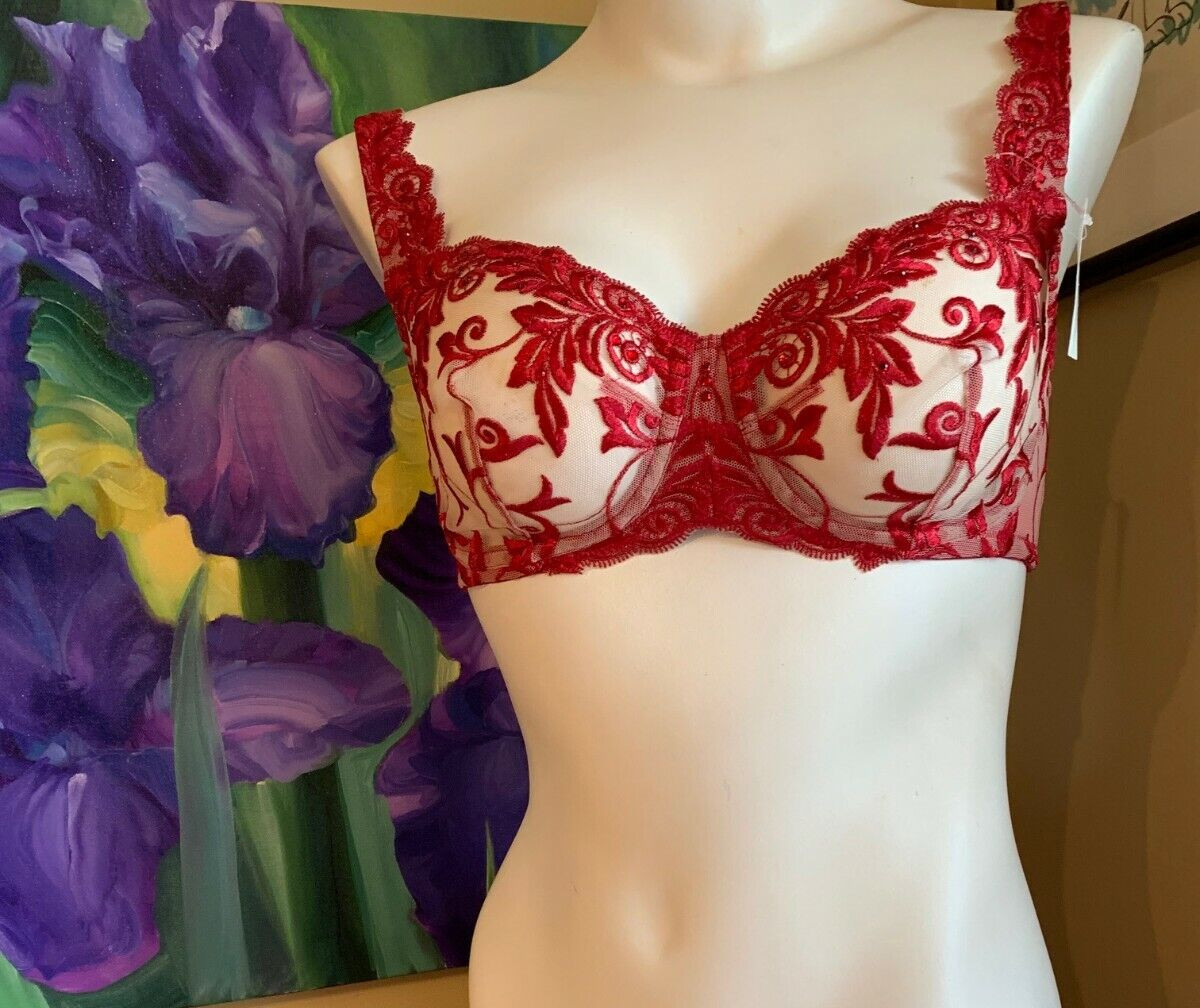VINTAGE SOMA SPECIAL EDITION RUBY RED / TAN SENSUOUS LACE SHEER WIRELESS BRA 34C