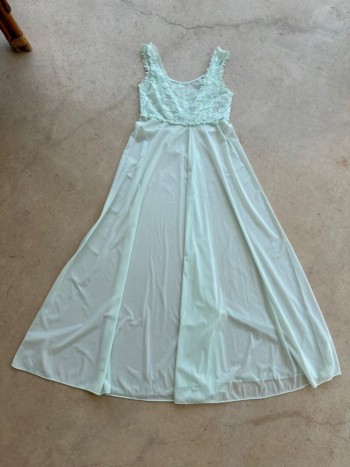 1960s Vanity Fair Mint Green Nylon Tricot Lace Nightgown Slip Dress Negligee VTG