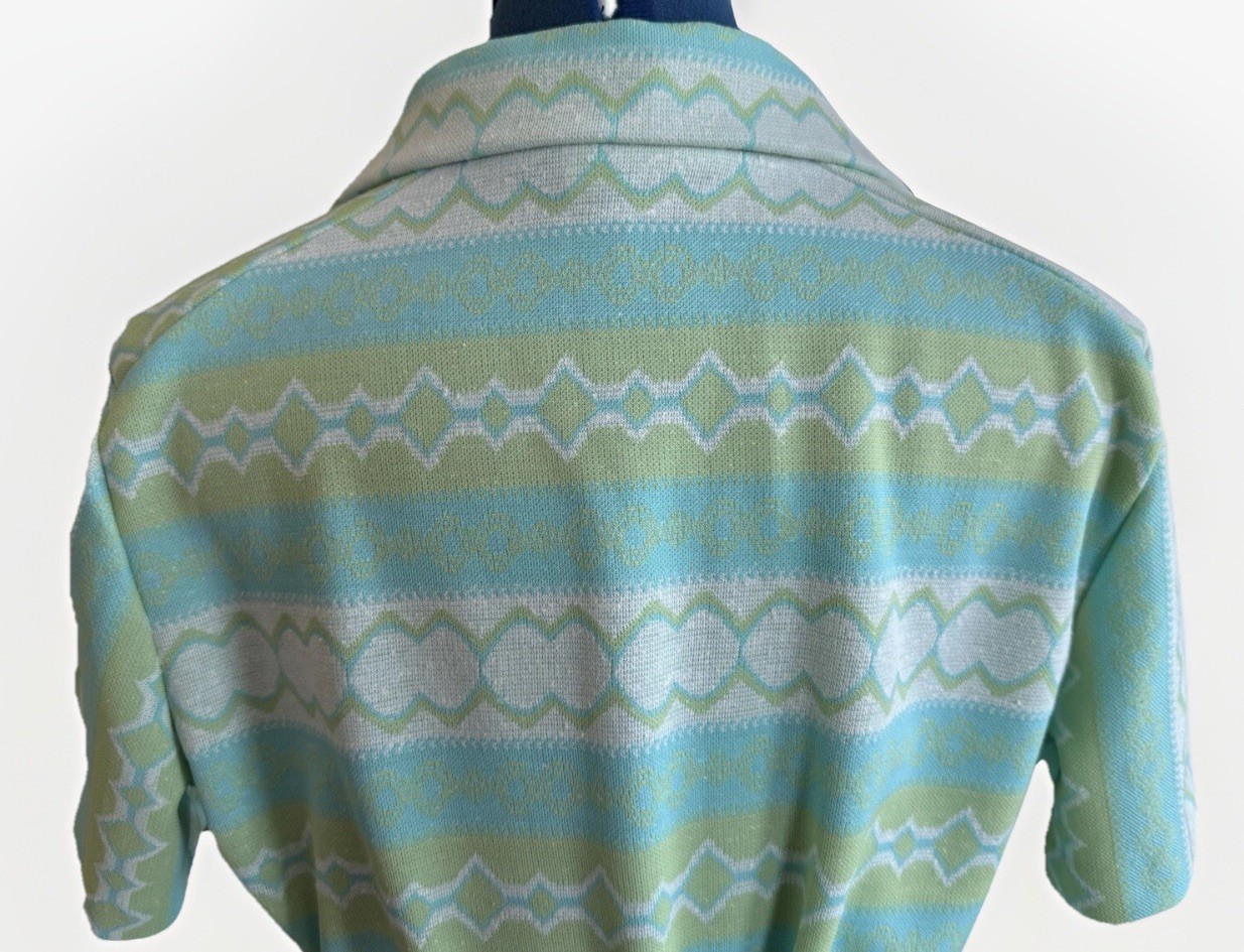 Vintage 70s Mod Shirt Dress Blue Green Stripe Belt Zip Knit Retro Diner Granny