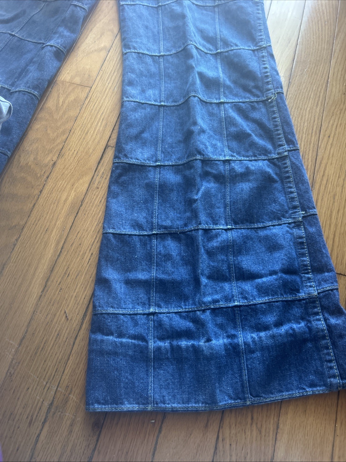 Vintage 70s Maverick Patchwork Windowpane Denim Bell Bottom Jeans Juniors 11/12
