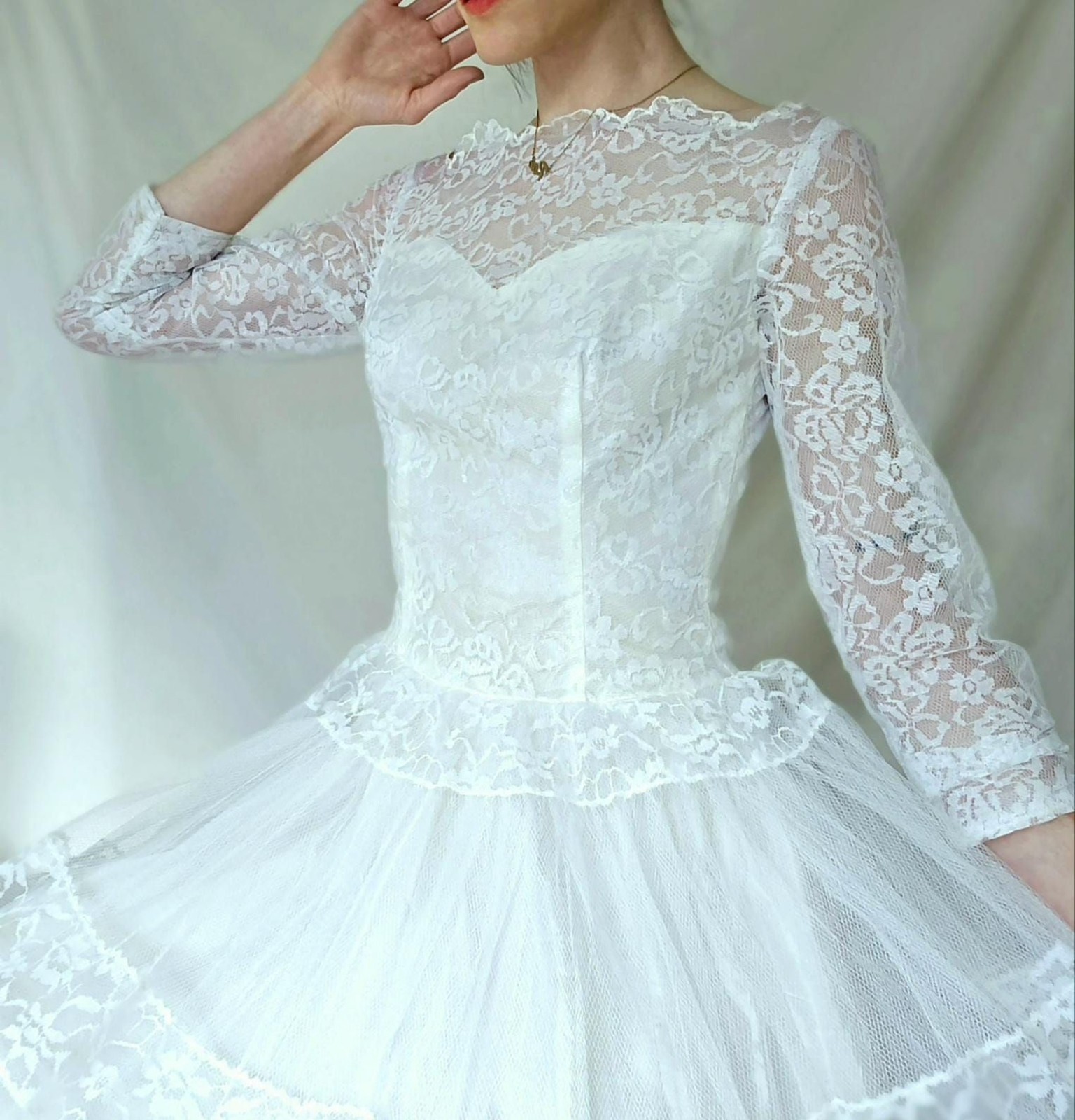 1950s Tea Length Wedding Dress: Vintage Tulle and Lace Bridal Gown, S
