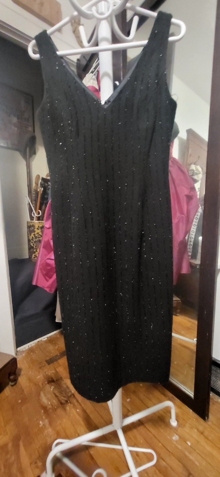 Vintage Unbranded Black & Black Gitter Stripes Deep V Neck Pencil Dress S/M
