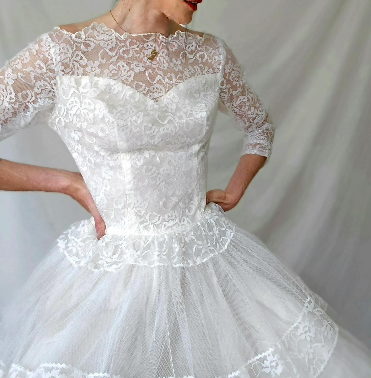 1950s Tea Length Wedding Dress: Vintage Tulle and Lace Bridal Gown, S