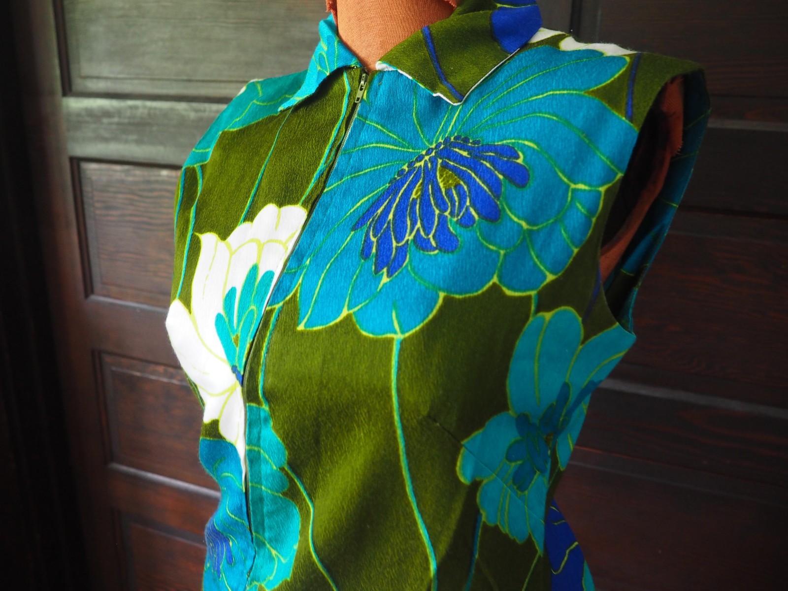VTG 60s 70s Brown Blue Floral Boho Hippy Midi Retro Mod Dress Womens S