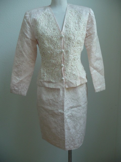 Vintage Jessica McClintock Light Peach Damask Lace Pearl Suit Set