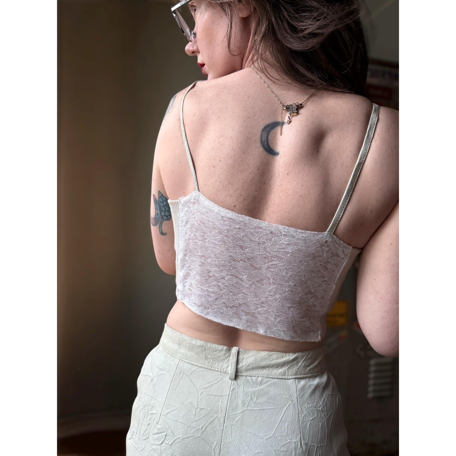 Vintage 90s Leather 2 Piece Set | Corset Crop Top + High Waist Pants | Cream | M
