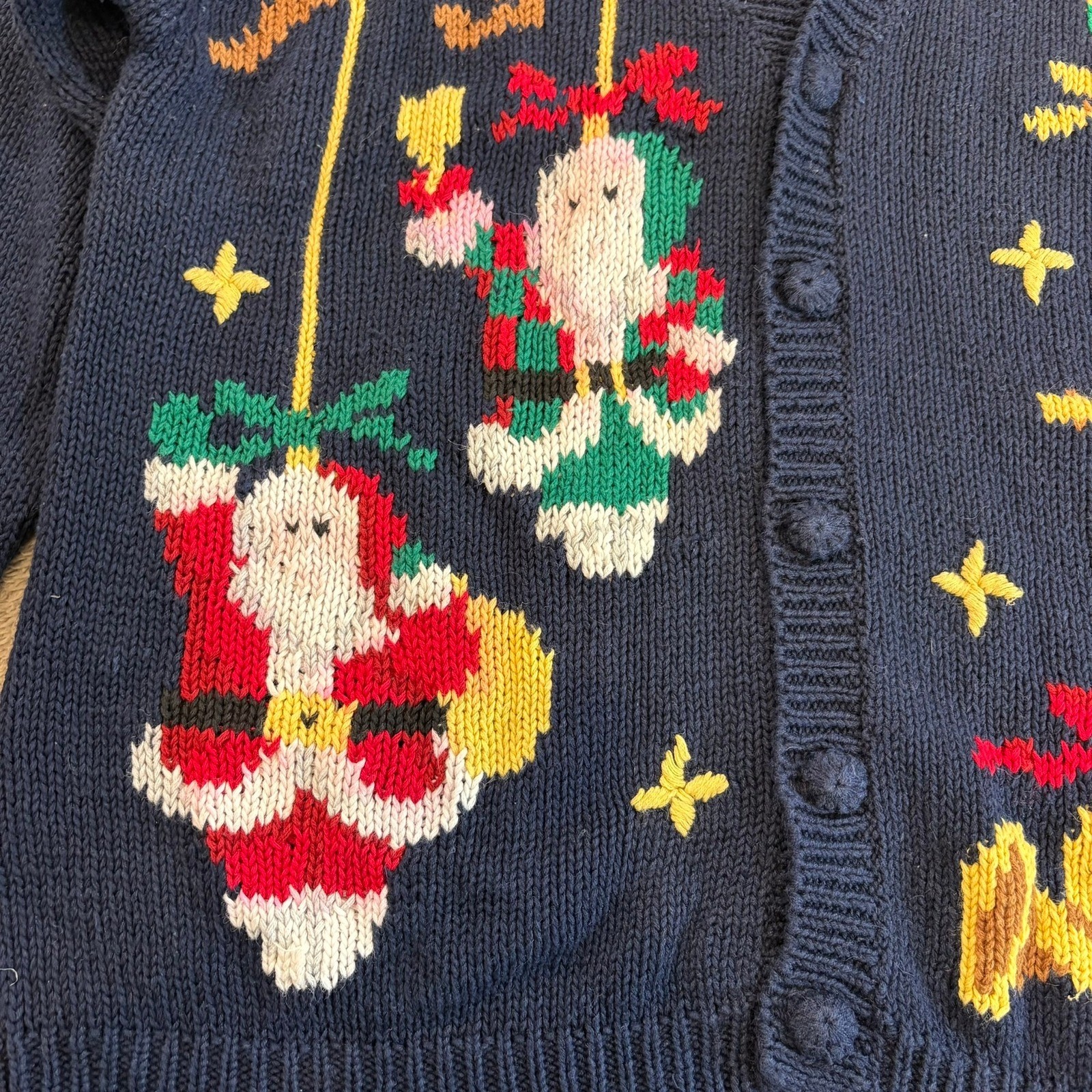 Alexandra Bartlett Vintage Navy Christmas Cardigan Santa Reindeer L Hand Made