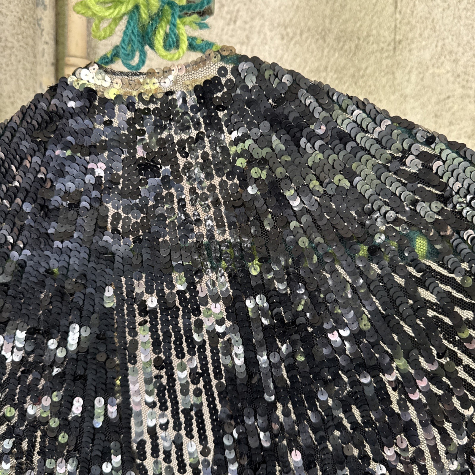 Vintage 1930s Black & Silver Sequin On Net Scalloped Cape Art Deco Dress Top