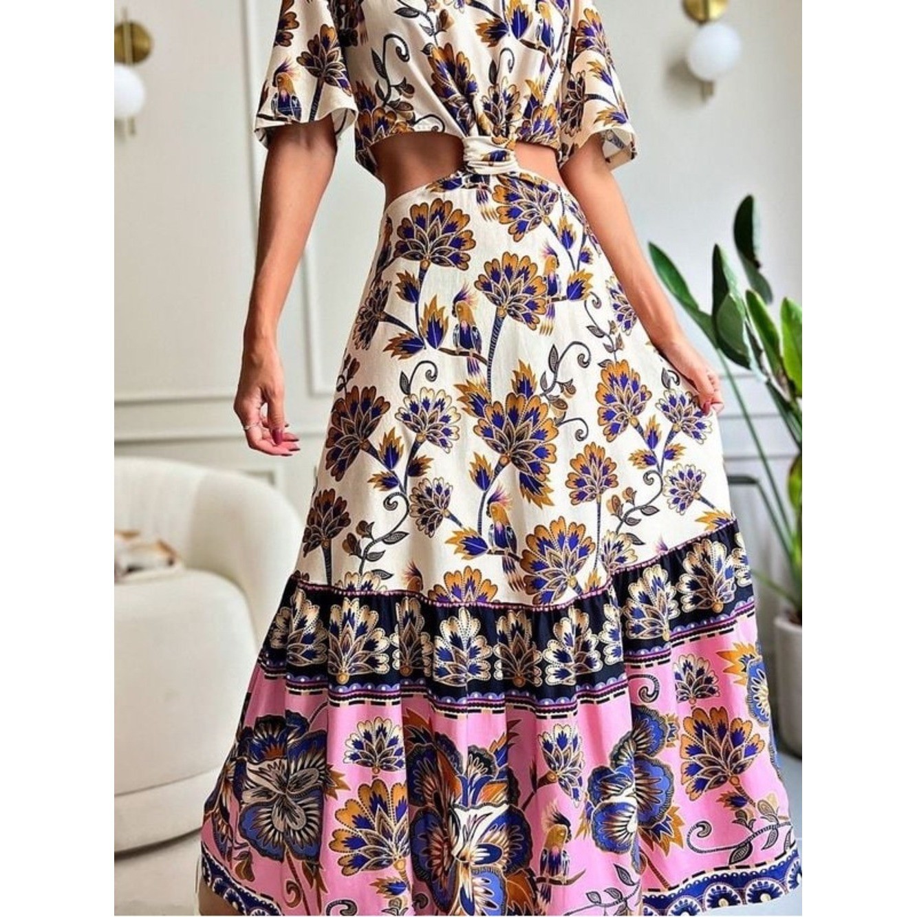 Farm Rio – Rare 100% Cotton Cutout Maxi Calopsita Floral Dress Back Elastic – XS
