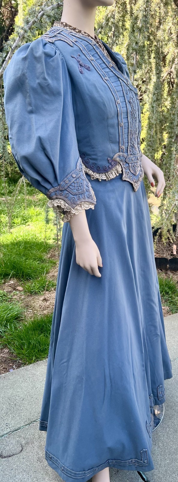 ANTIQUE EDWARDIAN BLUE WOOL 2PC WALKING SUIT DRESS